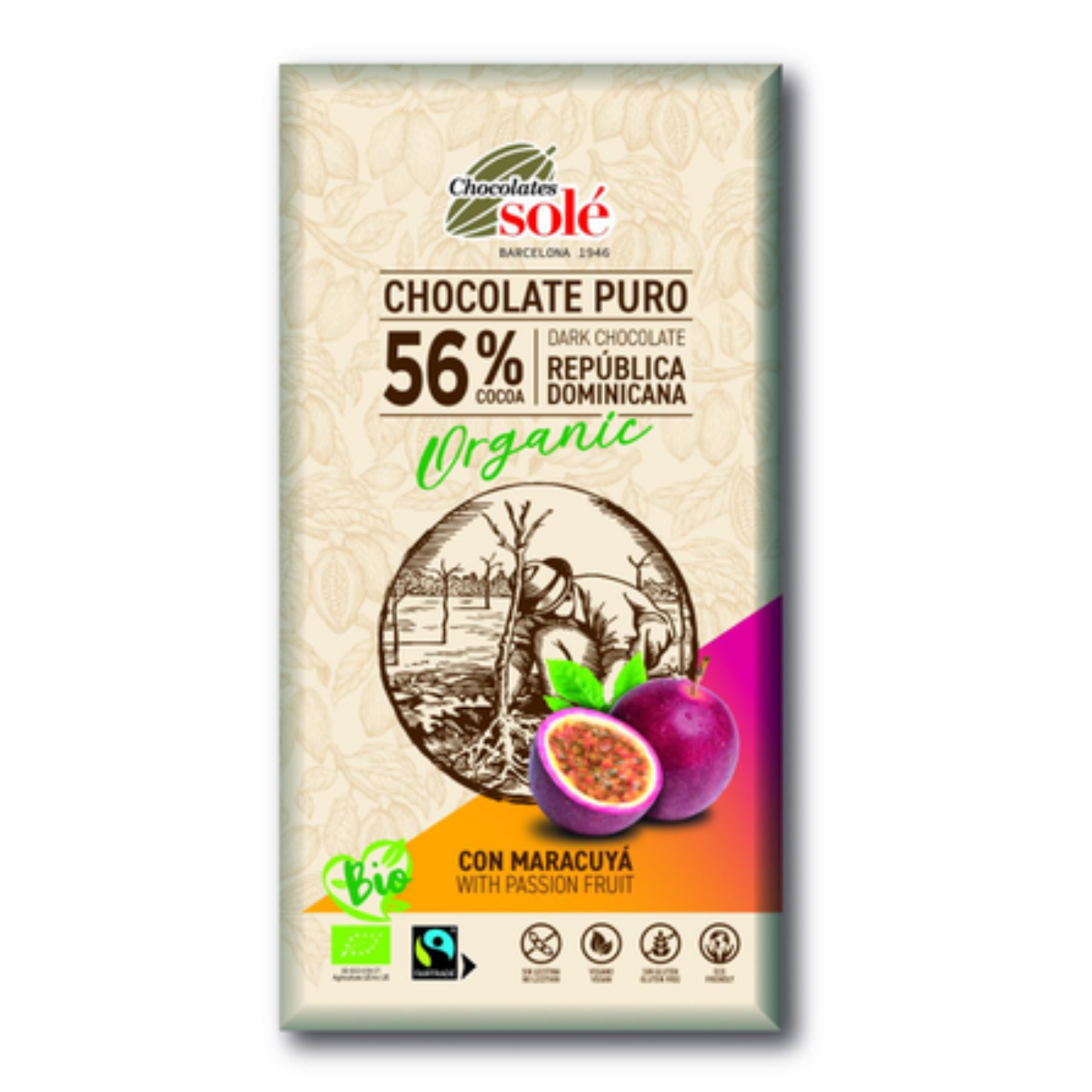 Solé 56% Dark Chocolate with Organic Passion Fruit 100g