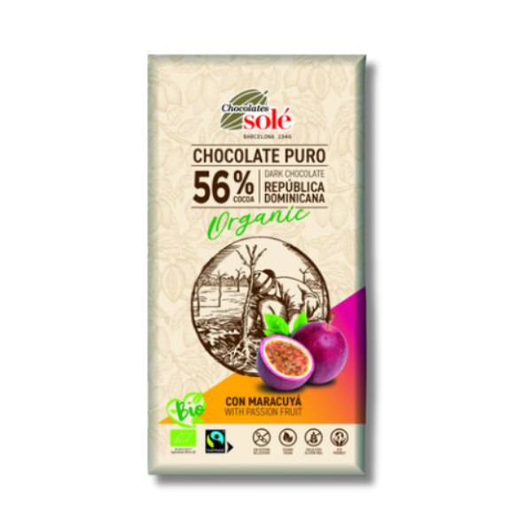 Dark Chocolate 56% Cocoa with Passion Fruit Bio Solé 100g