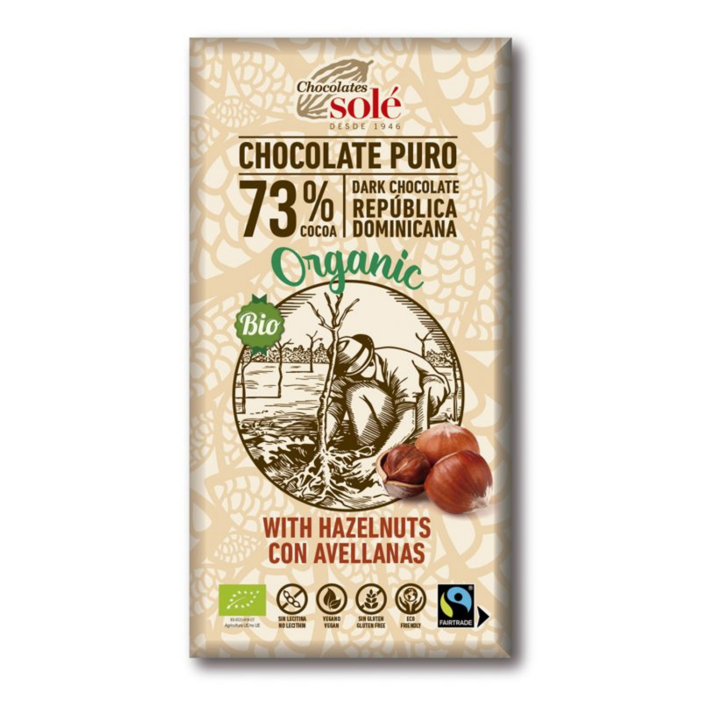 Chocolate Negro Sole 73% con avellanas Bio 150g
