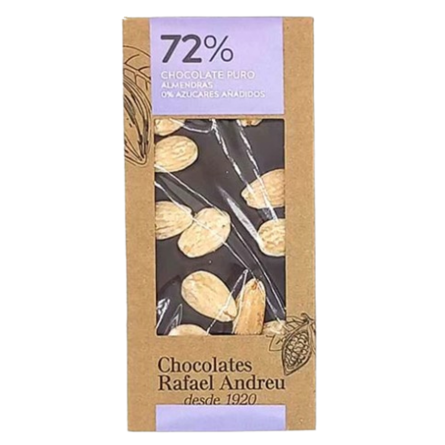 Tableta de chocolate 72% sin azúcares añadidos con almendras, Rafael Andreu, 75g