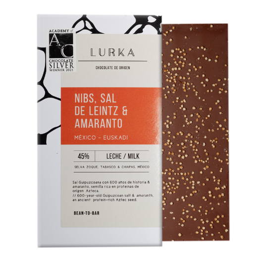 45% LURKA Nibs milk chocolate, Leintz salt and amaranth