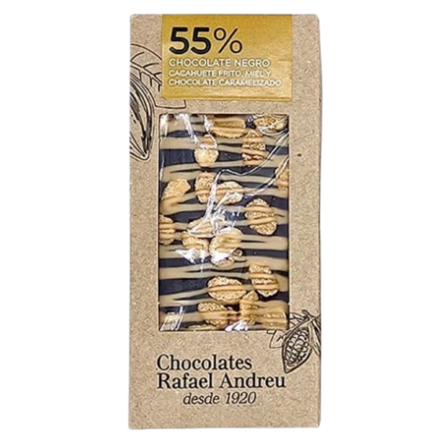 Tableta de chocolate 55% con cacahuete frito miel y chocolate caramelizado, Rafael Andreu, 95g