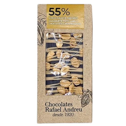 Tableta de chocolate 55% con cacahuete frito miel y chocolate caramelizado, Rafael Andreu, 95g